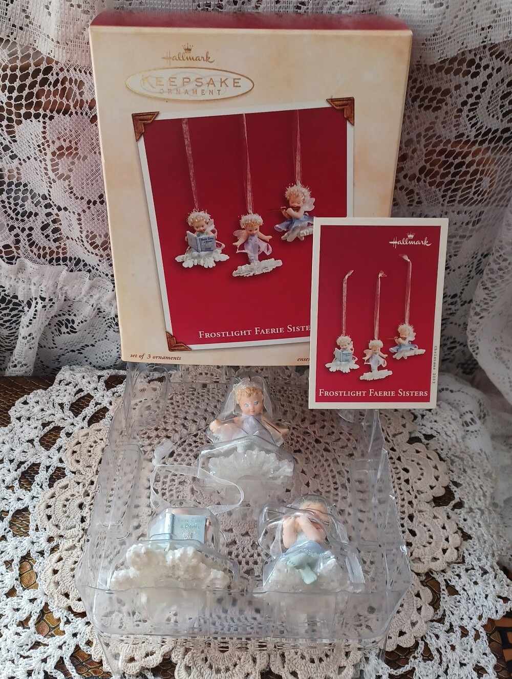 VINTAGE HALLMARK SET OF 3 ORNAMENTS CHRISTMAS 2003 "FROSTLIGHT FAERIE SISTERS"